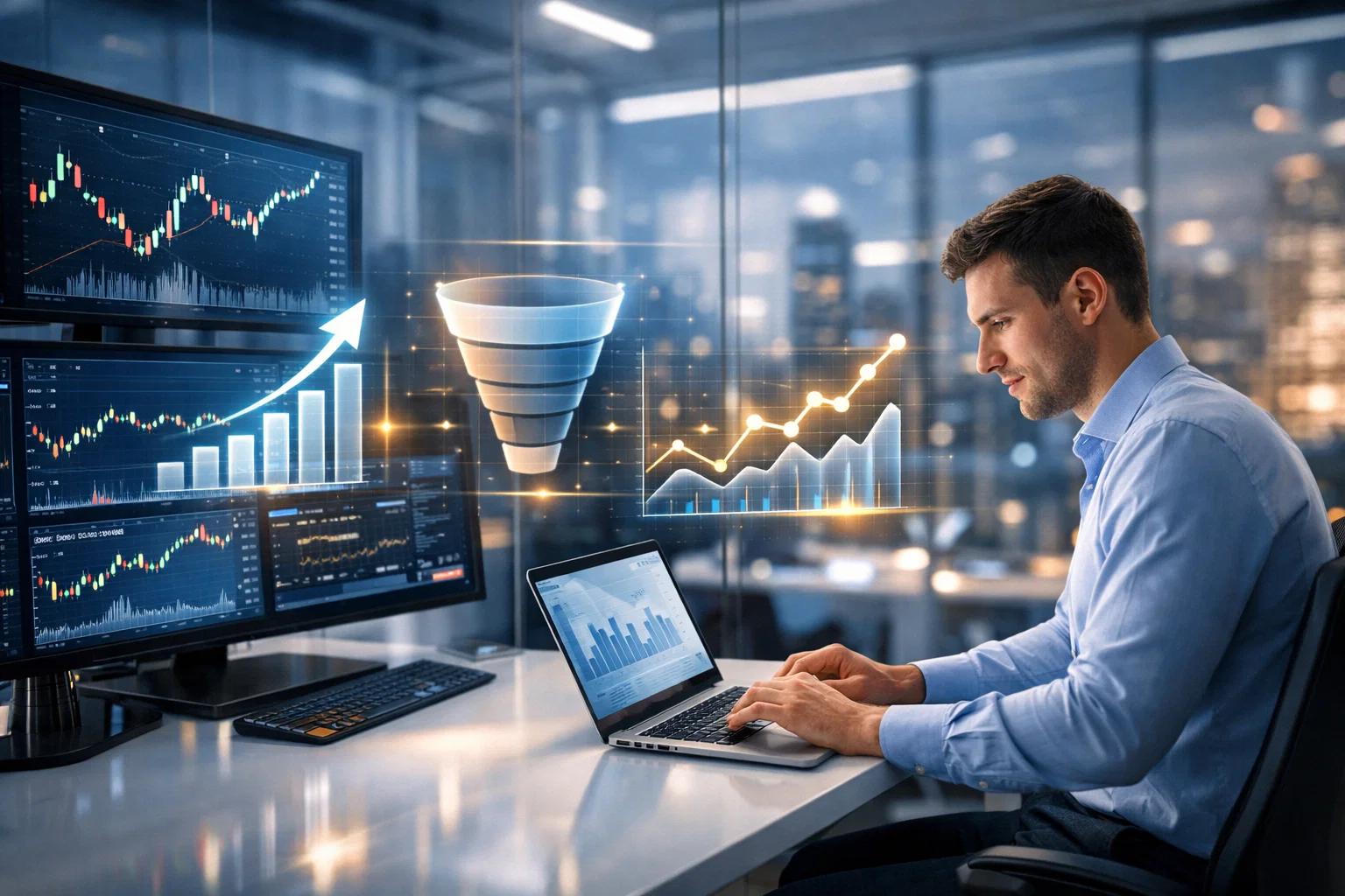 Forex SEO conversion growth analysis showing organic performance and trading analytics dashboards.