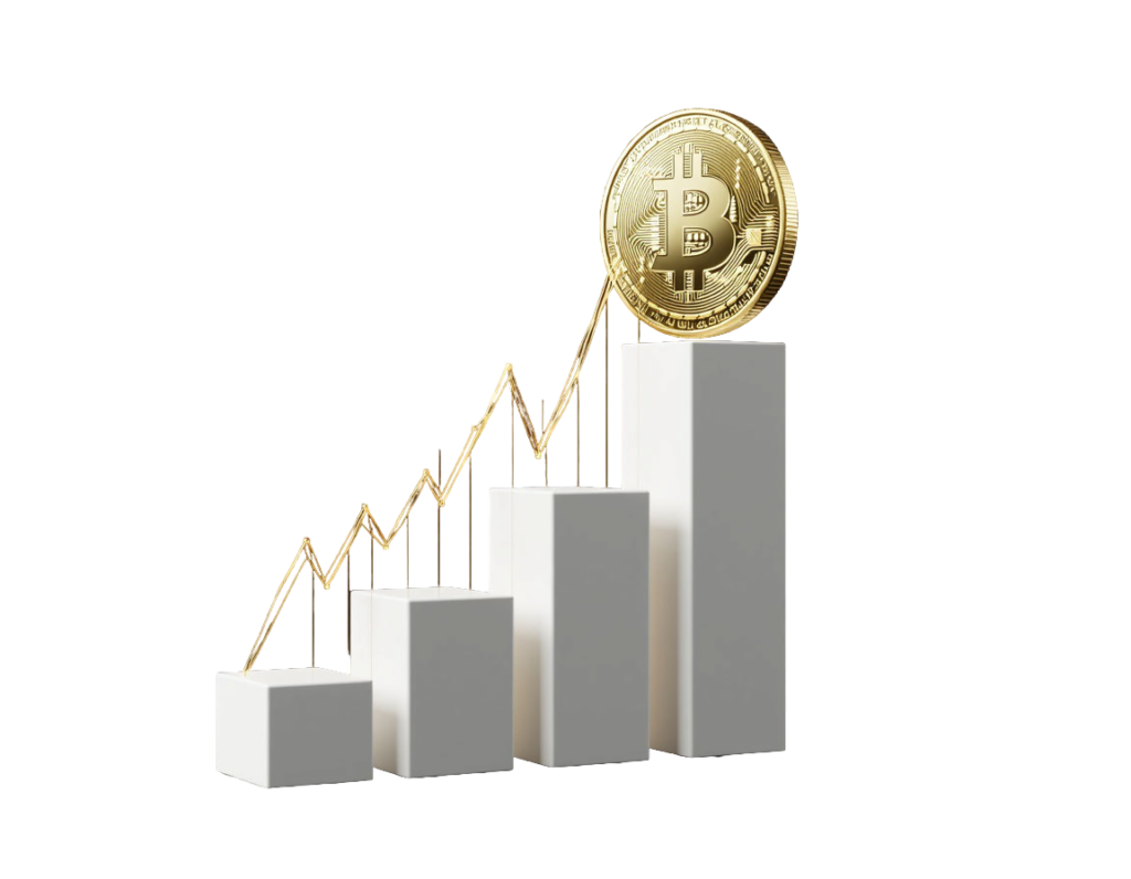 A white 3D bar chart with a gold coin on top illustrates the increase in key performance indicators, which explains why companies choose to work with Golden Goose Ltd.